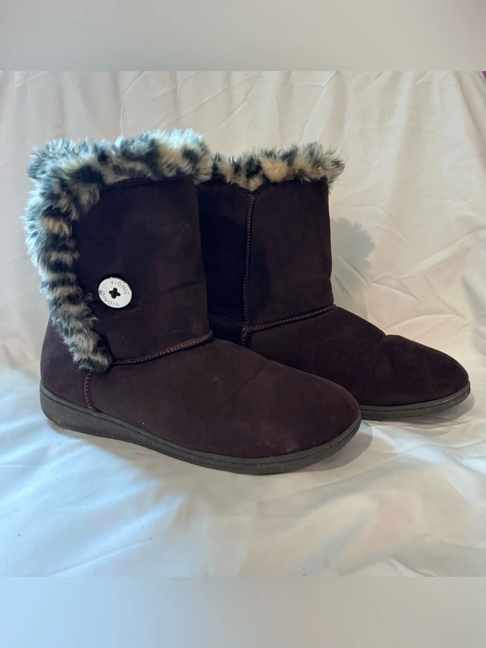 Vionic Fairfax Brown & Gray Faux Fur Lined Half Booties Women’s Size 9 Winter